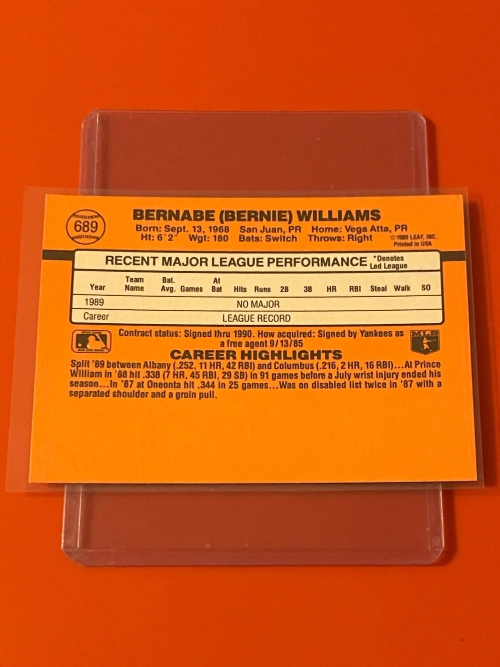 Bernie Williams #689 [Rookie] 1990 Donruss Baseball Trading Card
